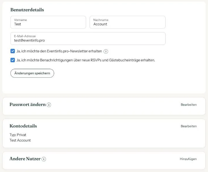 Die Seite Konto mit Name, E-Mail-Adresse, den Häkchen für Newsletter und Benachrichtigungen und Passwort ändern