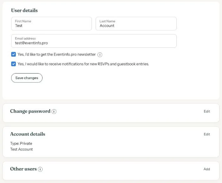 The Account page in the Eventinfo.pro dashboard