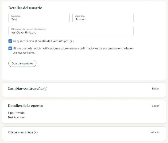 La página Cuenta con nombre, correo, las casillas de boletín y notificaciones y Cambiar contraseña