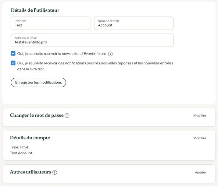 La page Compte avec le nom, l&rsquo;adresse e-mail, les cases newsletter et notifications et Changer le mot de passe