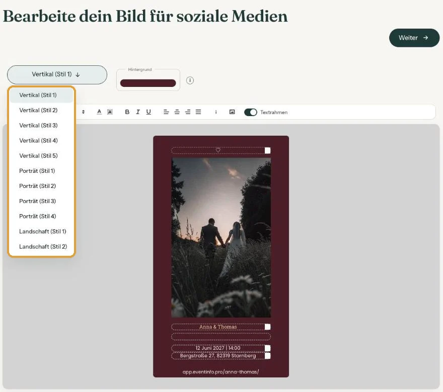 Die Seite Bilder bearbeiten mit den Bildern für soziale Medien