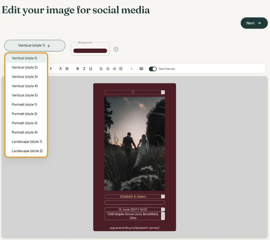 The Edit images page with the images for social media