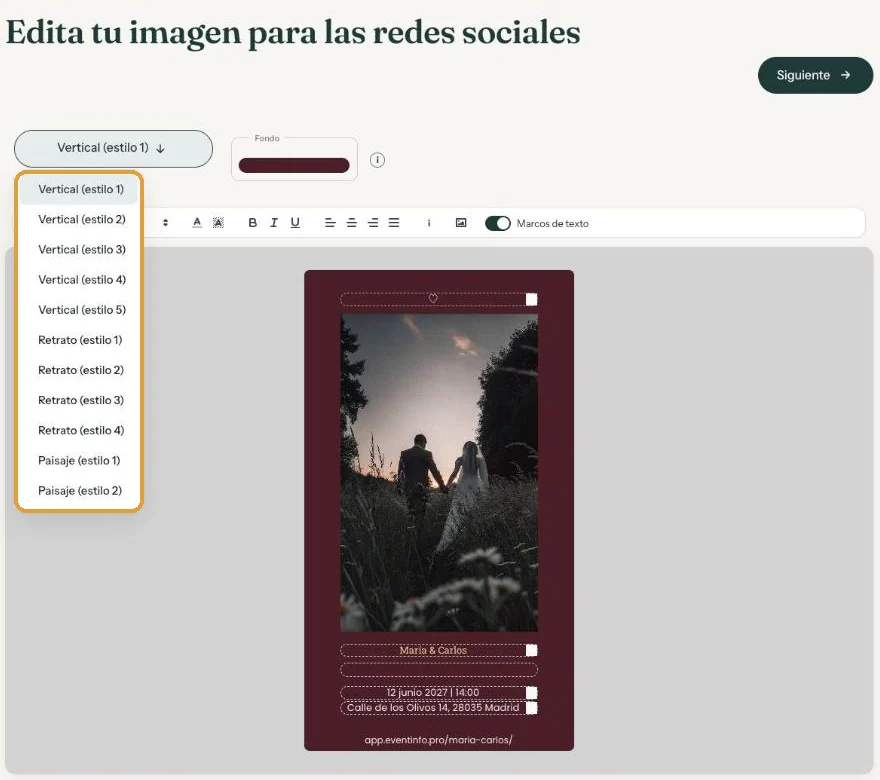 La página Edita tu imagen para las redes sociales con la lista de formatos abierta