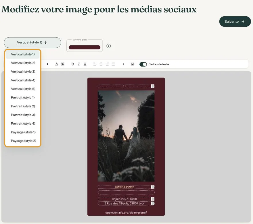 La page Modifiez votre image pour les médias sociaux avec la liste des formats