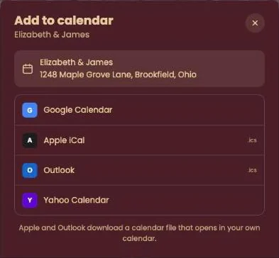 The Add to calendar window with Google Calendar, Apple iCal, Outlook and Yahoo Calendar