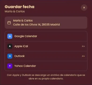 La ventana Guardar fecha con Google Calendar, Apple iCal, Outlook y Yahoo Calendar
