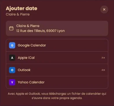 La fenêtre Ajouter date avec Google Calendar, Apple iCal, Outlook et Yahoo Calendar