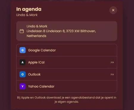 Het venster In agenda met Google Calendar, Apple iCal, Outlook en Yahoo Calendar