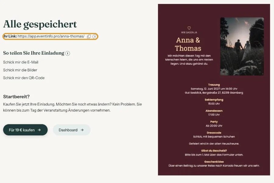 Der Bildschirm Alle gespeichert mit dem Link und den Optionen, E-Mail, Bilder und QR-Code an sich selbst zu senden