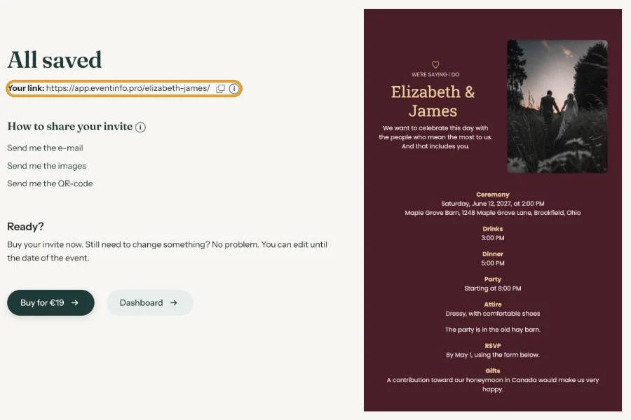 The All saved screen with the link and options to send the e-mail, images and QR code to yourself