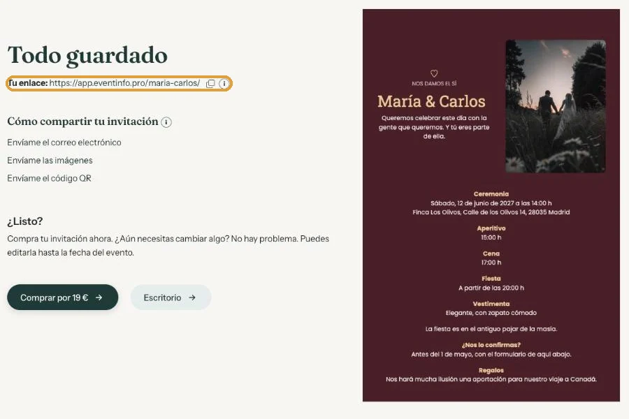 La pantalla Todo guardado con el enlace y el botón Comprar por 19 euros