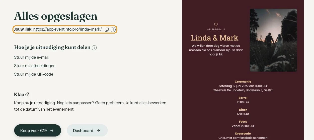 Het scherm Alles opgeslagen met de link en de opties om e-mail, afbeeldingen en QR-code naar jezelf te sturen