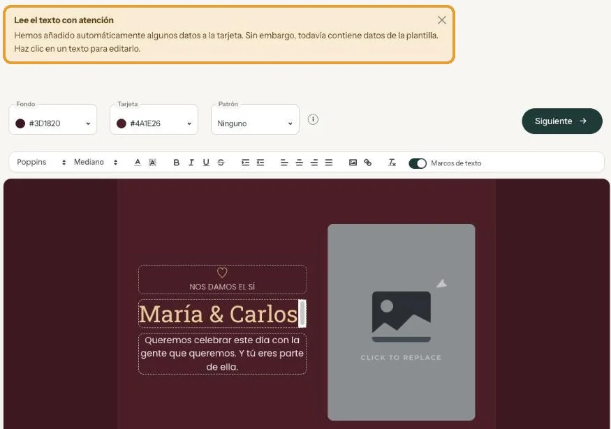El editor con el aviso Lee el texto con atención en la parte superior