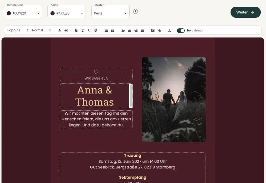 Der Editor mit gestrichelten Linien um die Textfelder und rechts in der Textleiste dem Schalter Textrahmen