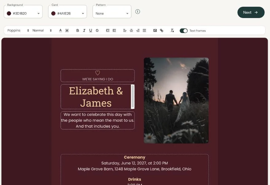 The builder with the Background, Card and Pattern fields at the top, the text bar and the card below