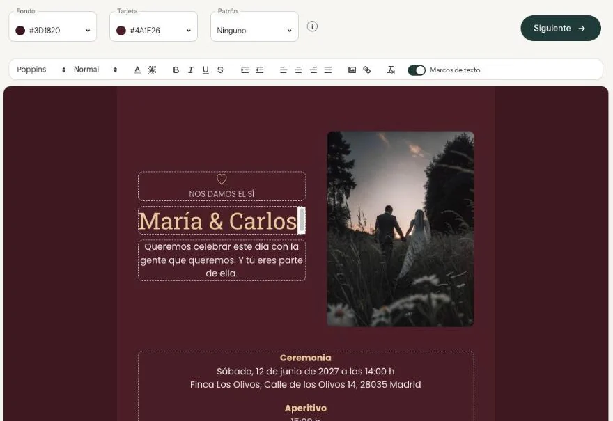 El editor con los campos de texto en la tarjeta y arriba el botón Rediseño