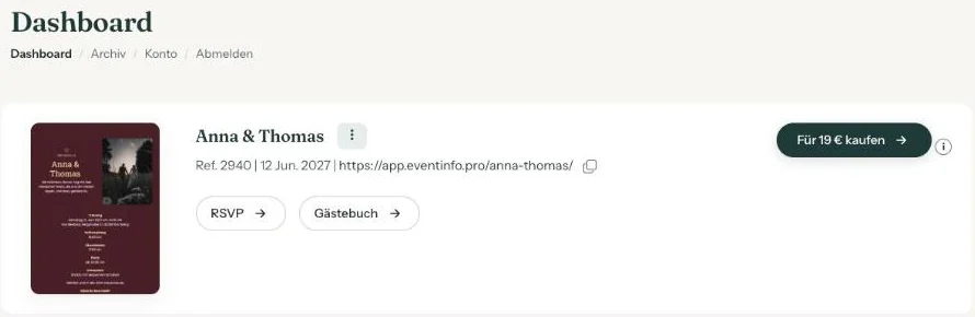 Das Dashboard mit einer Einladung, Referenznummer, Link und dem Button zum Kaufen für 19 Euro