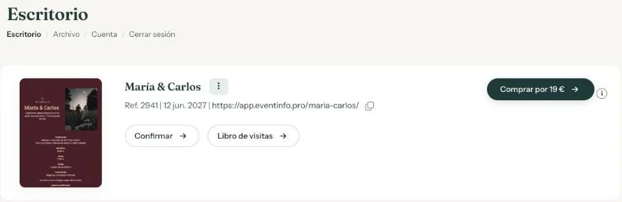 El escritorio con una invitación, su número de referencia, el enlace y el botón para comprar por 19 euros