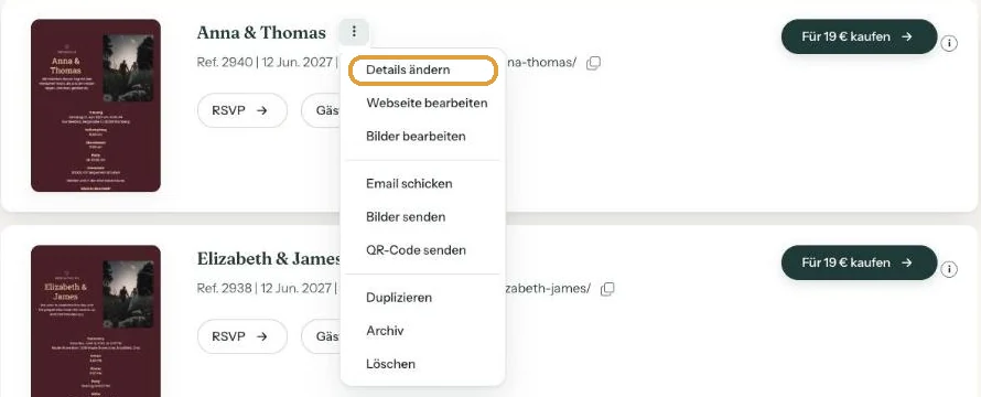 Das geöffnete Menü einer Einladung
