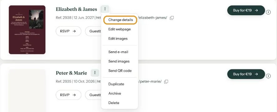 The menu of an invitation with Archive and Delete at the bottom