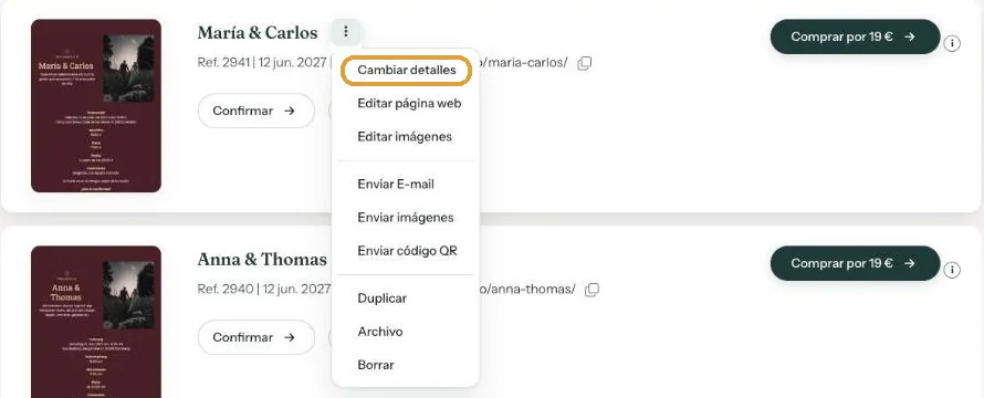 El menú de una invitación con la opción Duplicar