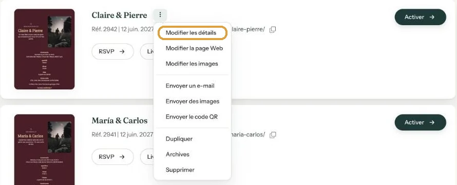 Le menu d&rsquo;une invitation avec l&rsquo;option Dupliquer