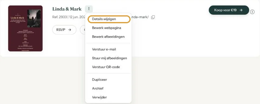 Het menu met drie puntjes in het dashboard met Verstuur e-mail, Stuur mij afbeeldingen en Verstuur QR-code