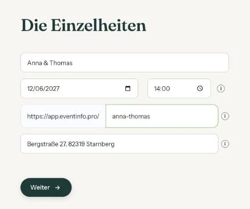 Die Detailseite mit Name, Datum, Uhrzeit, Webadresse und Ort