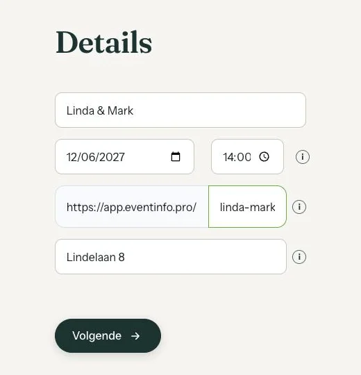 Het scherm Details met naam, datum, tijd, webadres en locatie ingevuld
