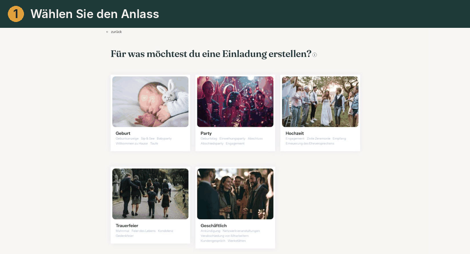 Animation der ersten Schritte: Anlass, Design, Details, Builder und Bestätigung