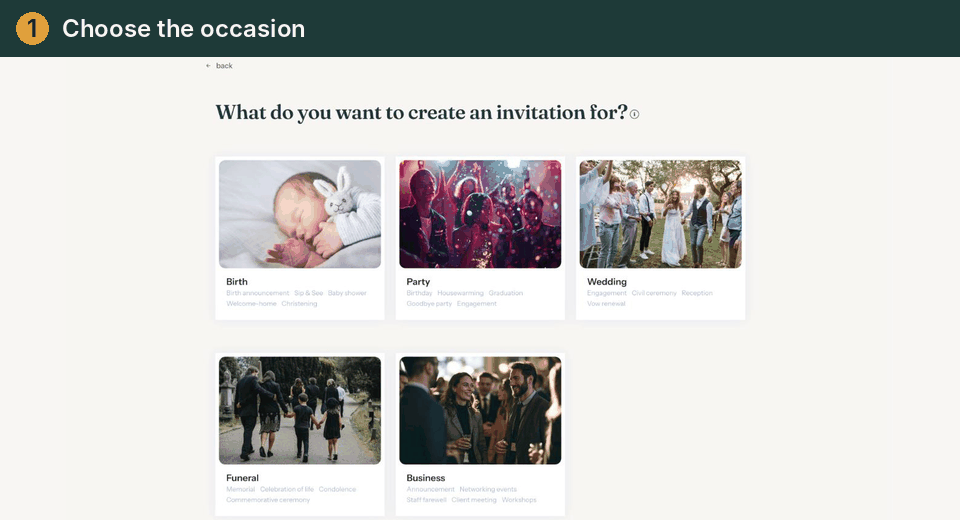 Animation of the first steps: occasion, design, details, builder and the confirmation