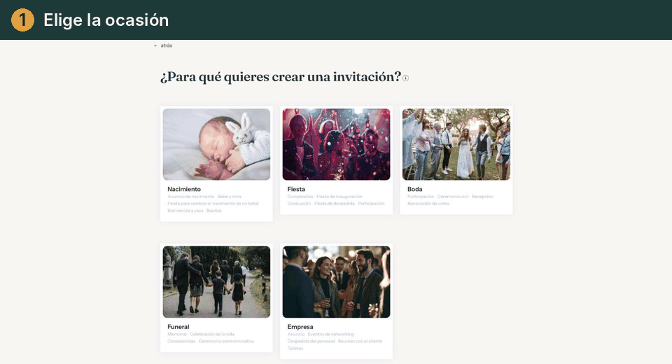 Animación de los primeros pasos: ocasión, diseño, datos, editor y confirmación