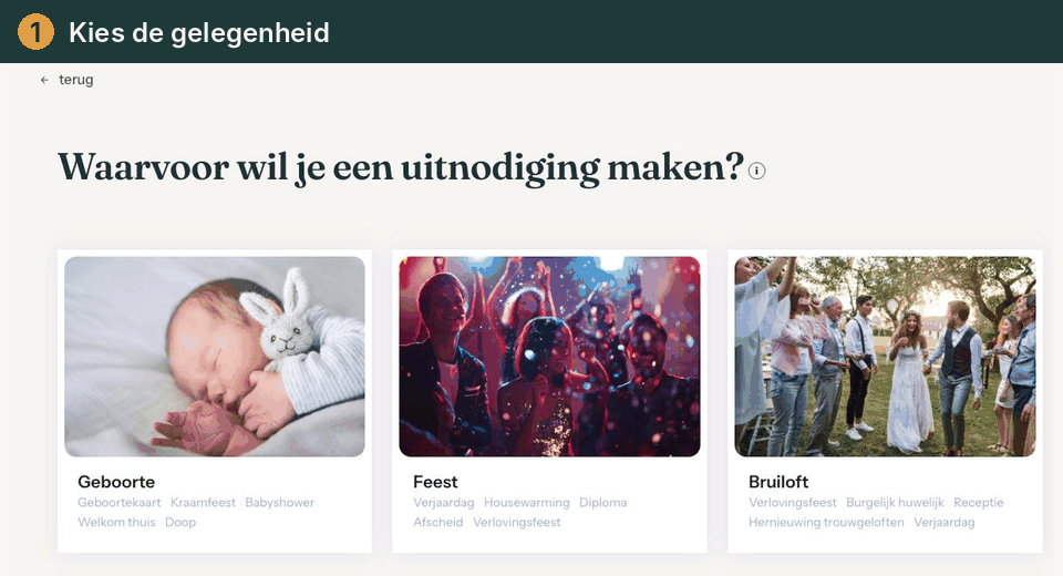 Animatie van de eerste stappen: gelegenheid, ontwerp, details, builder en de bevestiging