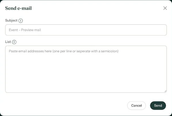 The Send e-mail window with the Subject and List fields