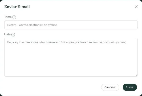 La ventana para enviar el correo con los campos Tema y Lista