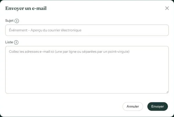 La fenêtre d&rsquo;envoi de l&rsquo;e-mail avec les champs Sujet et Liste