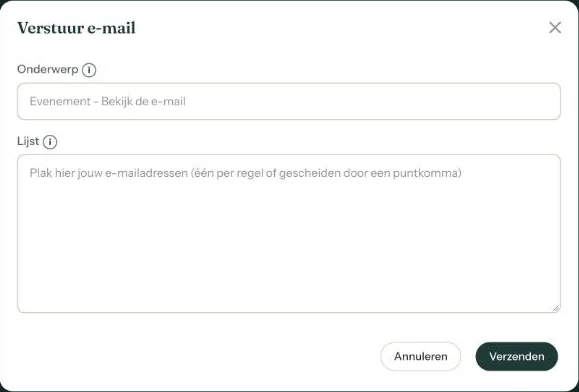 Het venster Verstuur e-mail met de velden Onderwerp en Lijst en de knoppen Annuleren en Verzenden