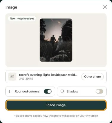 The Image window with a new photo, the label New not placed yet and the Place image button