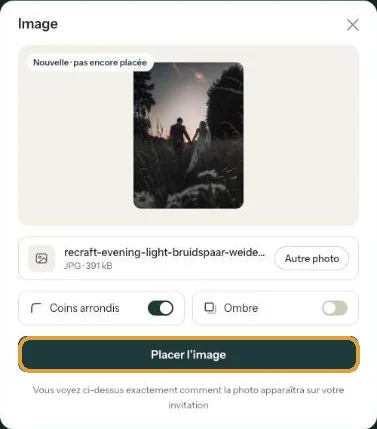 La fenêtre Image avec une nouvelle photo, la mention Nouvelle pas encore placée et le bouton Placer l&rsquo;image