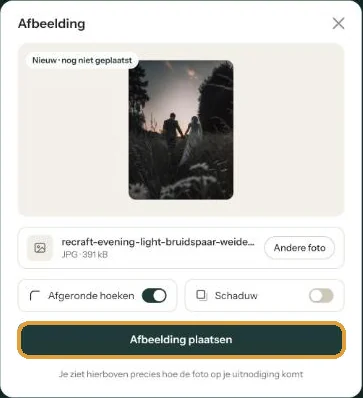 Het venster Afbeelding met een nieuwe staande foto voordat hij geplaatst is
