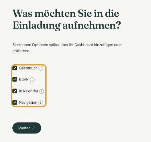 Die Seite Was möchten Sie in die Einladung aufnehmen mit vier angehakten Optionen
