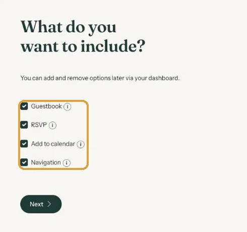 The What do you want to include screen with four ticked options