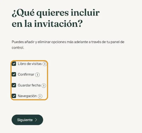 La pantalla Qué quieres incluir en la invitación con cuatro opciones marcadas