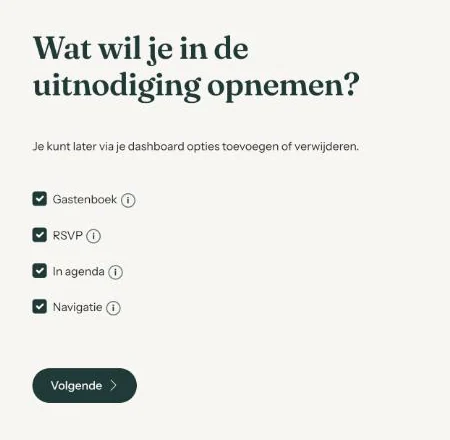 Het scherm Wat wil je in de uitnodiging opnemen met vier aangevinkte opties
