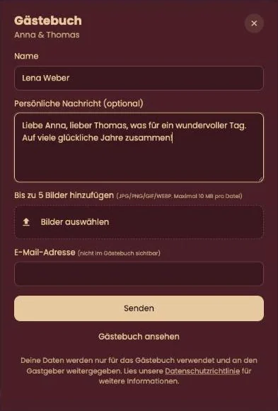 Das Gästebuch-Fenster mit Name, Nachricht, dem Button Bilder auswählen und der E-Mail-Adresse