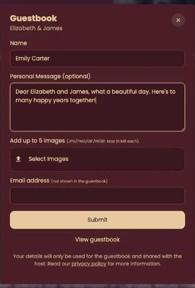 The guestbook window with name, message, the Select Images button and the email address