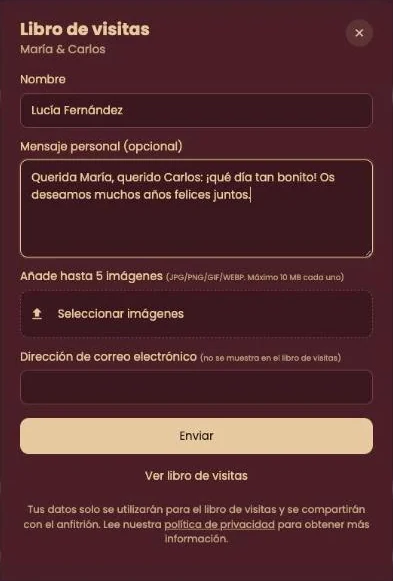 La ventana del libro de visitas con nombre, mensaje, el botón Seleccionar imágenes y el correo