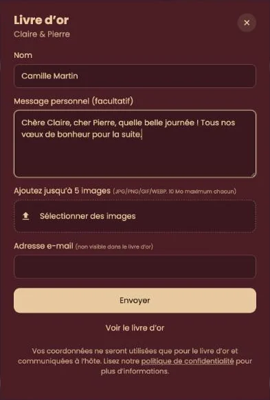 La fenêtre du livre d&rsquo;or avec le nom, le message, le bouton Sélectionner des images et l&rsquo;adresse e-mail