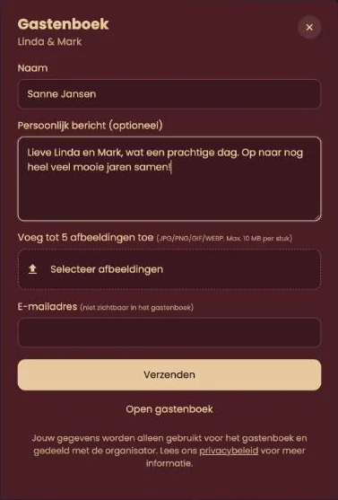 Het gastenboekvenster met Naam, bericht, de knop Selecteer afbeeldingen en het e-mailadres
