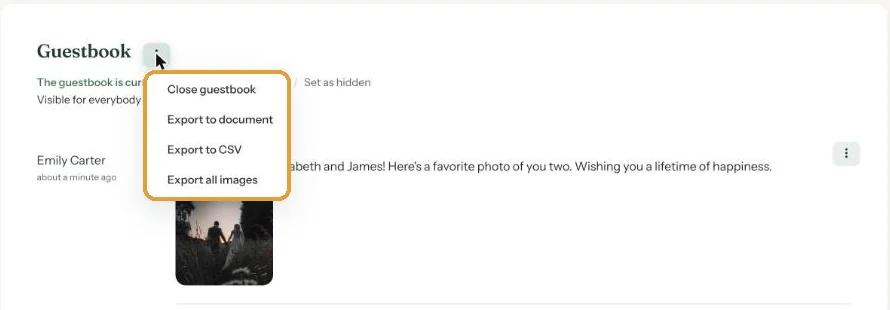The guestbook page in the dashboard with the current visibility below the heading